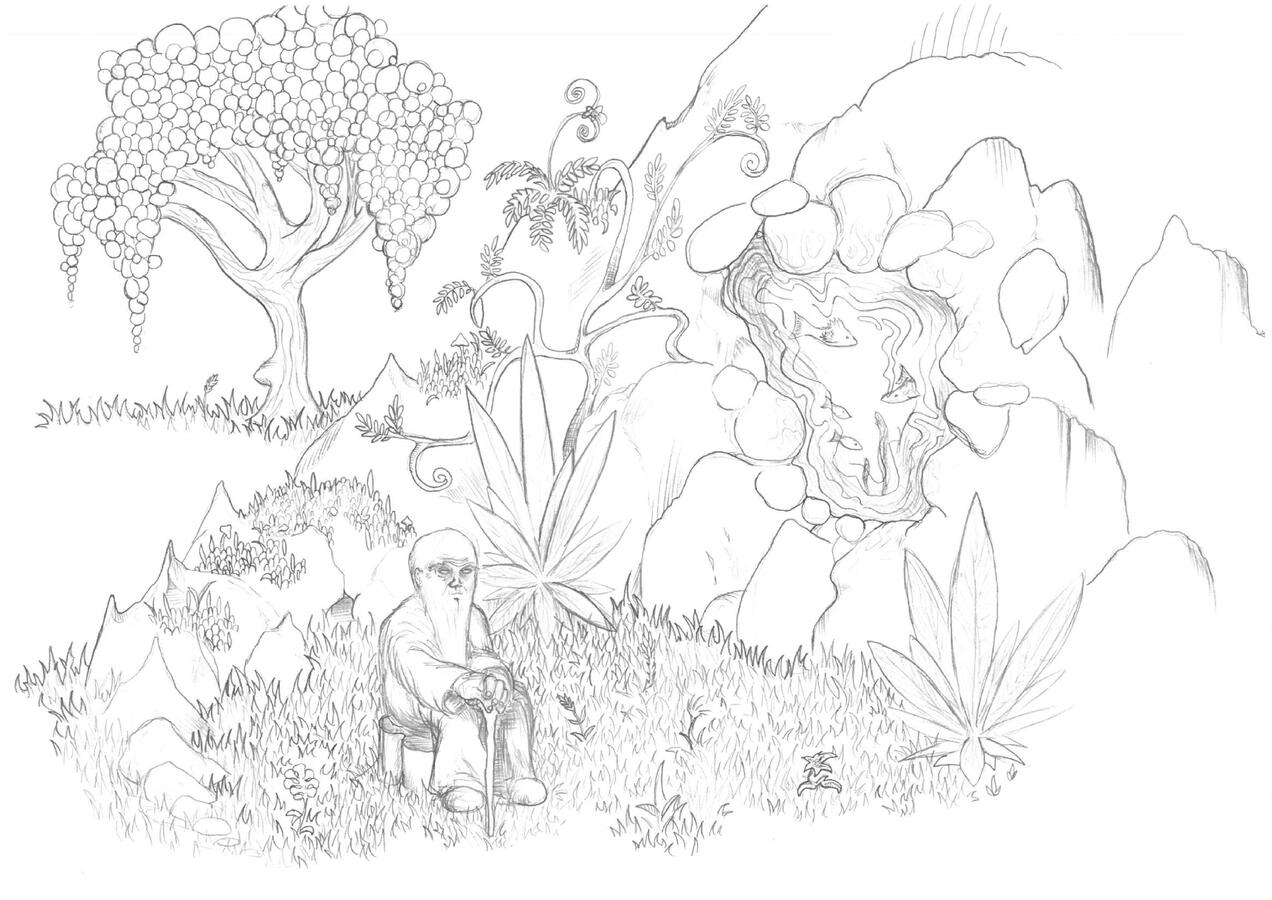 Old Man in the Garden - There is nothing abnormal in the scene except one thing: the fish pond is not on the ground but set into a vertical rock wall. The composition works aesthetically, but raises a question - why does the water defy gravity?