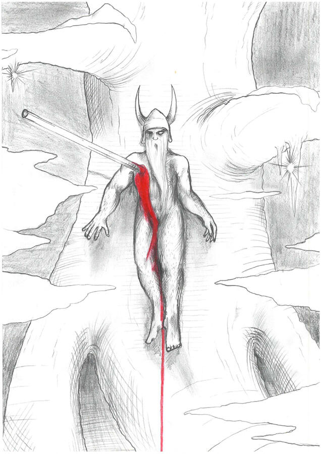 Odin - The image depicts Odin impaled on the World Tree, suffering in pain but enduring it, for he simultaneously draws knowledge from the tree to which he is bound. The color is used to emphasize the merging of pain and wisdom into a single moment.