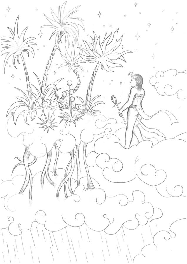 Sky Roots - Once I saw a photo of trees with aerial roots. From that grew an ecological idea: the trees draw water from the rainclouds below, while in the distance a woman, dressed in ancient Egypt fantasy costume, observes the phenomenon.