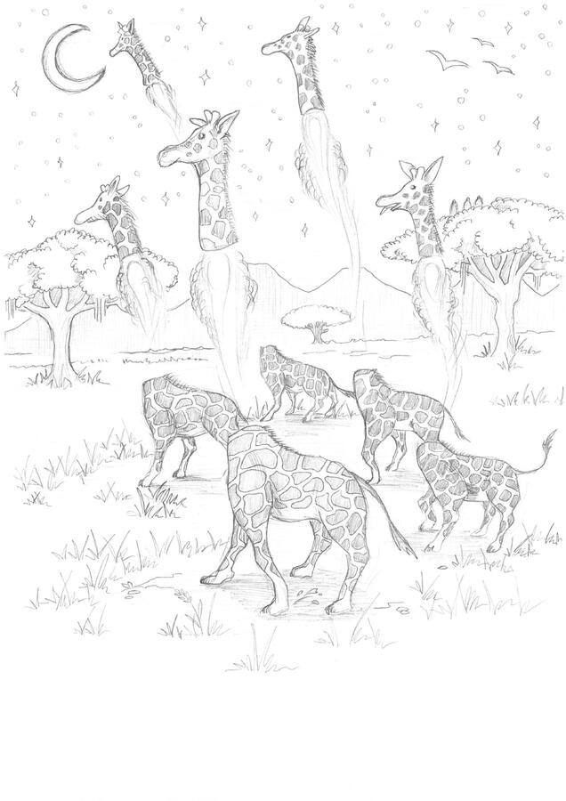 Giraffes - I drew this because sometimes I enjoy surprising, absurd humor. A giraffe’s long neck could hide a rocket engine, and one night it ignites and takes flight.