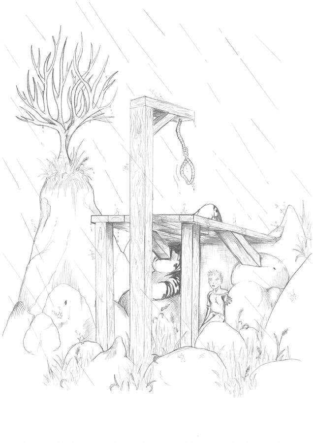 Gallows Hill - Leafless tree and drizzling rain suggesting autumn. The gallows tie into the theme of nature’s dying, but at the same time they serve as a shelter from the rain for a young woman who, for some reason, lingers on the hill.