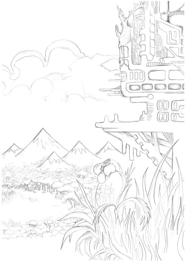 Mountain Flower - The theme of this image is layering: on the foreground ledge grows a mountain flower; behind it stands a mechanical base attached to the mountain; and far below are a lake shore and a forest.