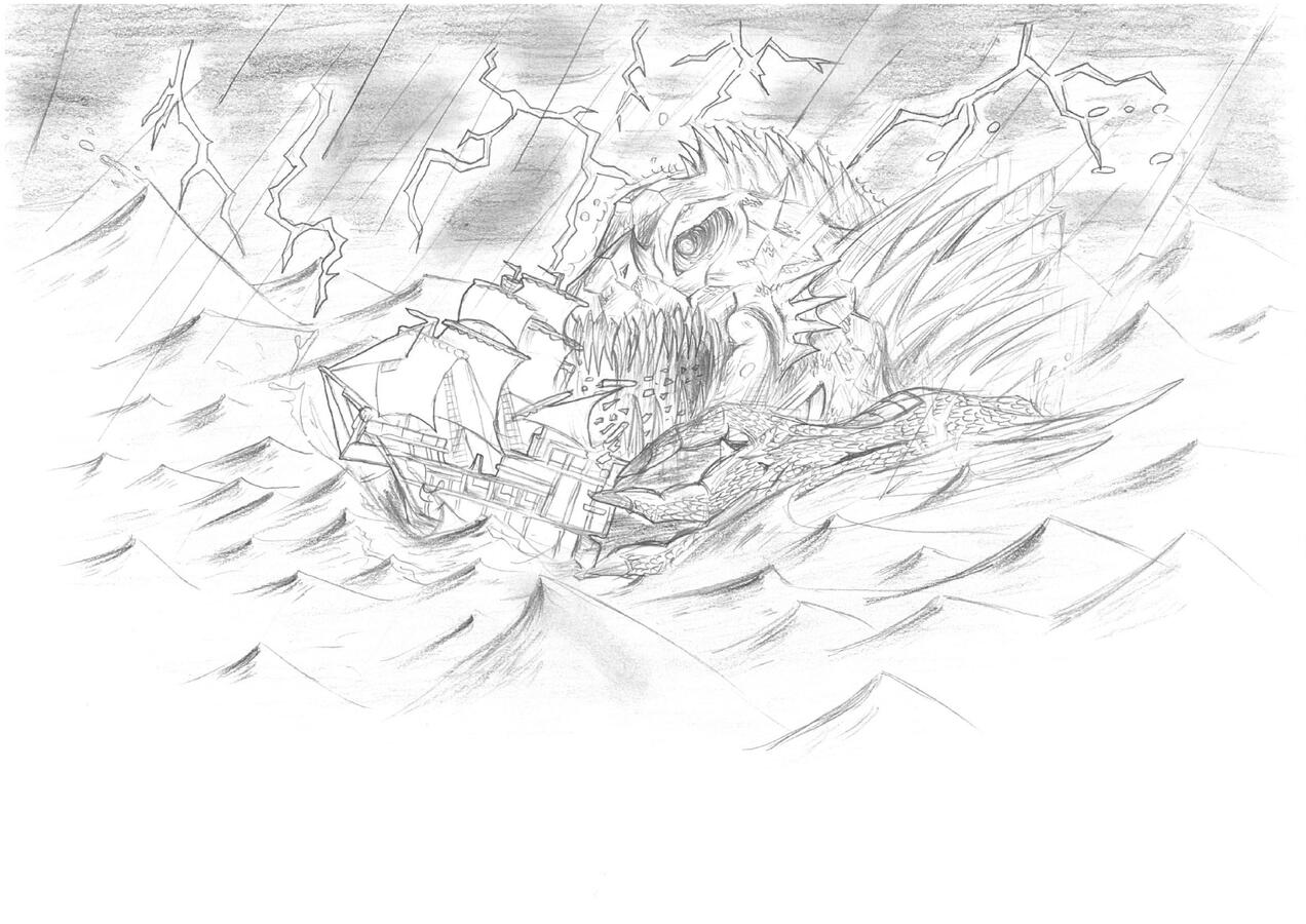 Dagon I - At a friend’s request, I drew H. P. Lovecraft’s sea monster attacking sailing ship. The image continues in Dagon II.
