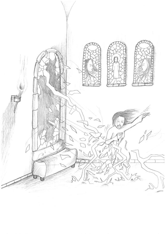 Mosaic - This image follows the logic of a fairy tale: a girl is trapped within a glass mosaic window – during a night storm, lightning strikes the window, shattering it and setting her free, as the glass shards reassemble into her human form.