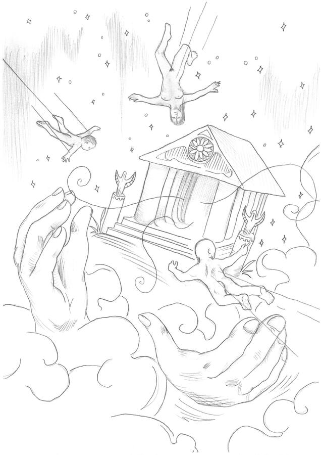 Temple Head - Once, while hearing Joe Cocker’s raspy-voiced version of One, I envisioned a being calling flying human figures toward itself. The composition resembles the Figure 33 in the book of a fractal revealing itself to three observers.