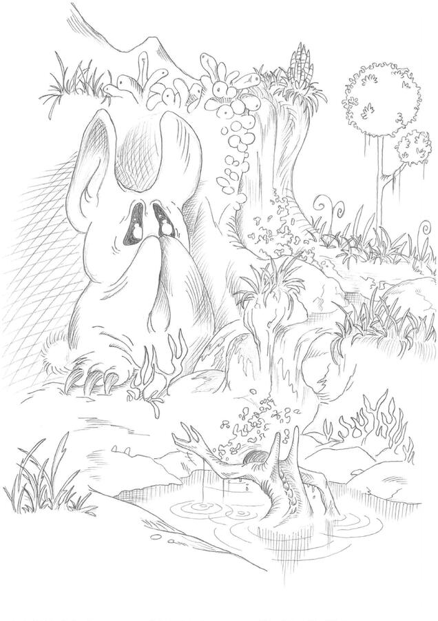 Fear of the Unknown - A large, gentle-looking creature freezes in terror as a thin, bony figure rises from the water, its face unseen. The scale of fear is inverted – the stronger fears the weaker.