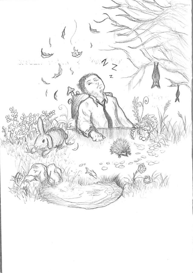 Student Napping - I drew this during a lecture at university. In the picture, I have fallen asleep in a chair, and in my dream, small animals gather around me.