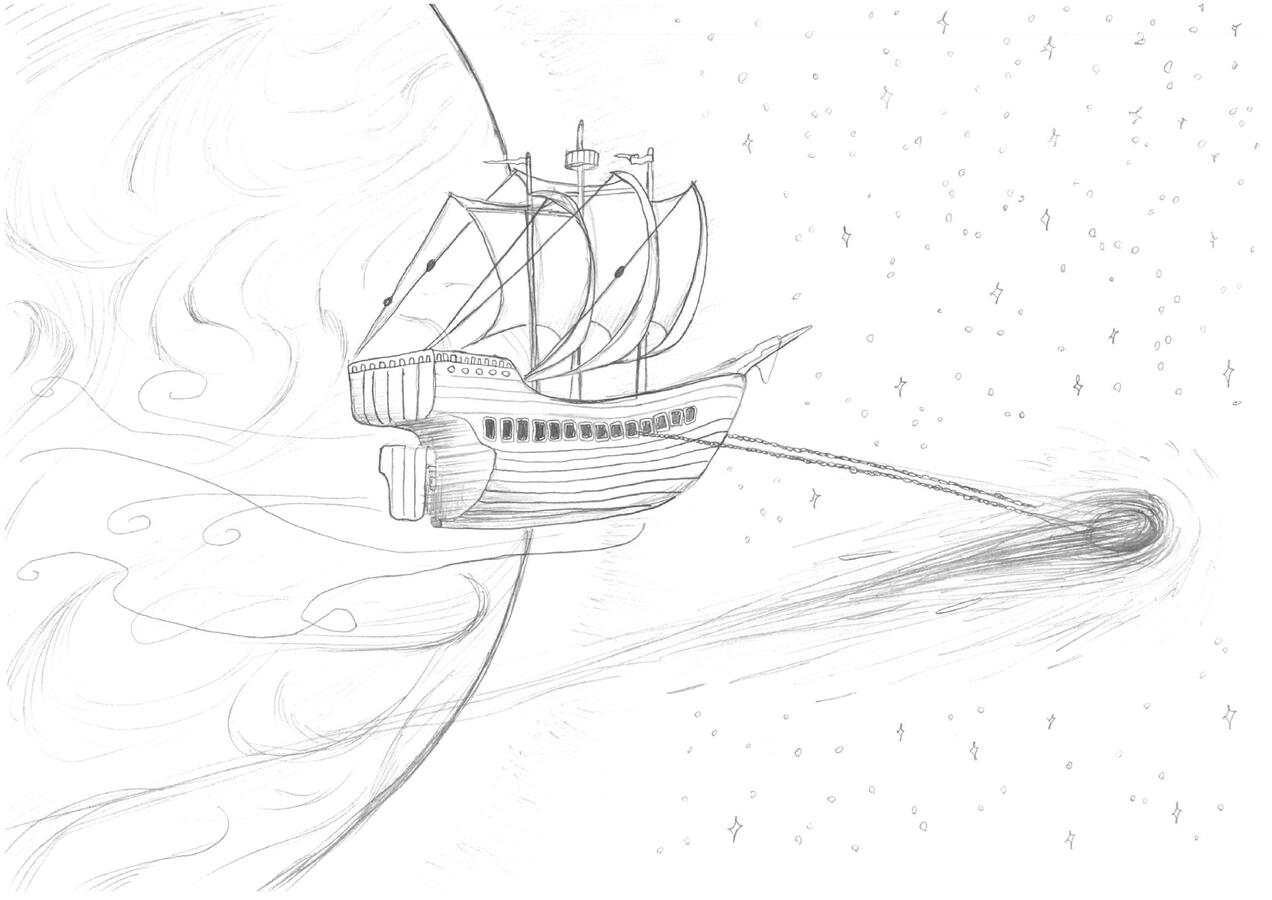 Starship - An old sailing vessel has anchored itself to a comet that now pulls it through the solar system. The idea was inspired by the clay-animated film The Adventures of Mark Twain (1985).