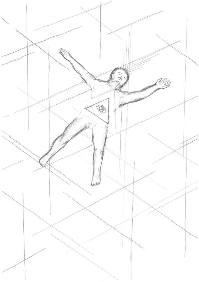 Yantra - In esoteric Asian philosophy, a yantra is a geometric diagram used as a focus for liberating the mind. At the center of the body, the three sides of the Eye of Providence resonate with the directions of repeating lines.