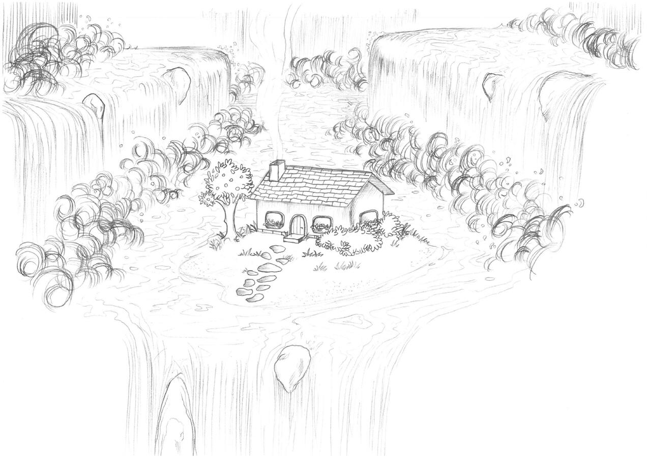 House in the Falls - I wanted to juxtapose the overwhelming force of roaring waterfalls with the quiet calm. Sometimes, in the midst of chaos, something unexpectedly resilient can endure.