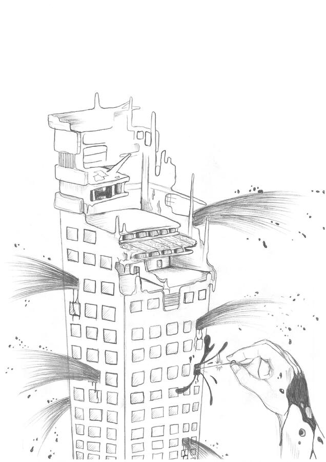 Bleeding Building - This drawing was a way to release frustration. I wanted to depict modern buildings, but found nothing visually compelling about them.