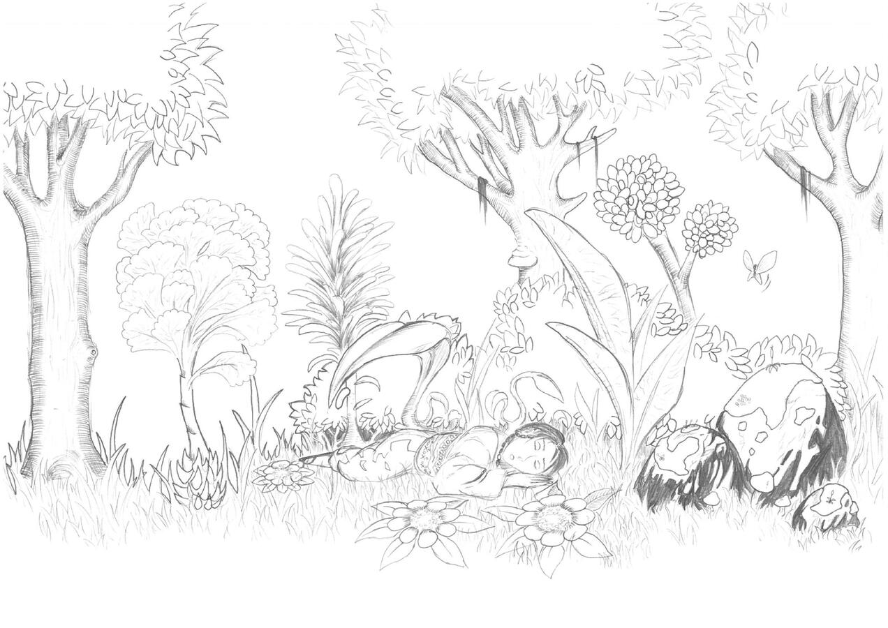 Sleeper in the Garden - The figure in the middle was inspired by, but not a direct copy of, the character Rin Asano from Blade of the Immortal manga. The pose, hairstyle, cloth pattern, and composition are my own.