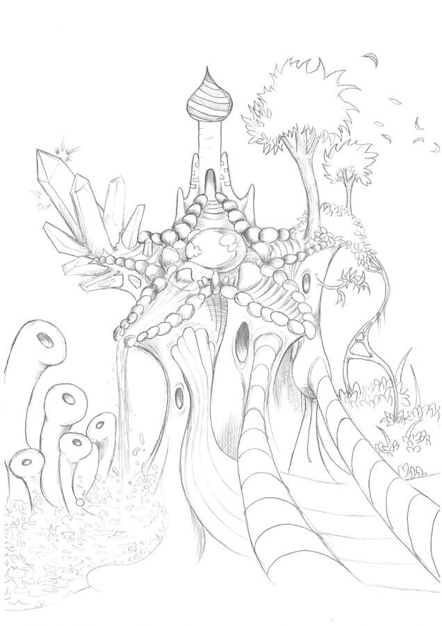 Starfish Tower - Tower made of many different textures. There’s also an image in the book reminiscent of this theme – representing the complex systems to which a human being can connect: Nature, culture, and artificial intelligence.