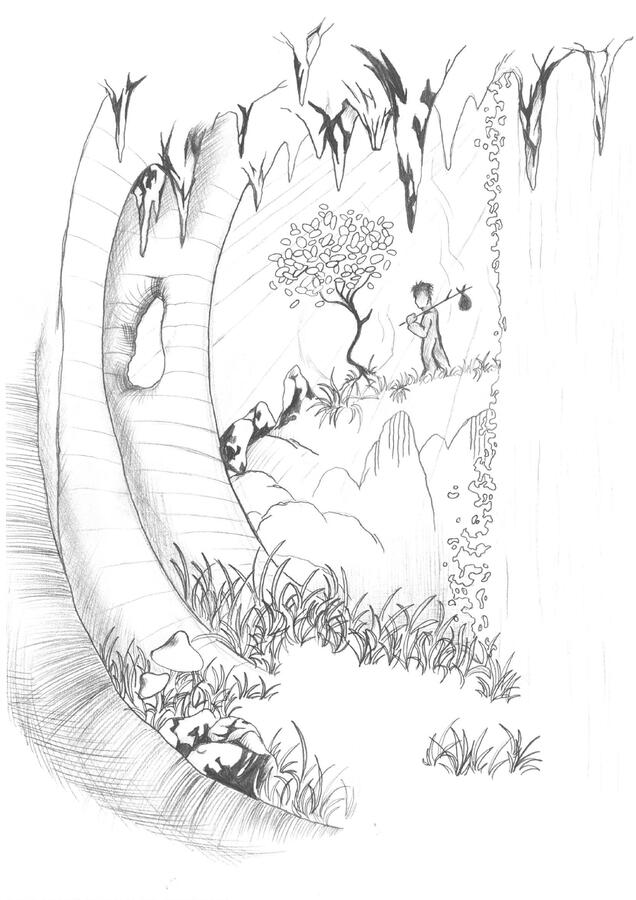 Wanderer - Here, one of my recurring themes – the figure of the wanderer – appears in perhaps its purest form. The figure walks through a beautiful natural landscape with a waterfall, vegetation, and a large hollow formed in the rock.