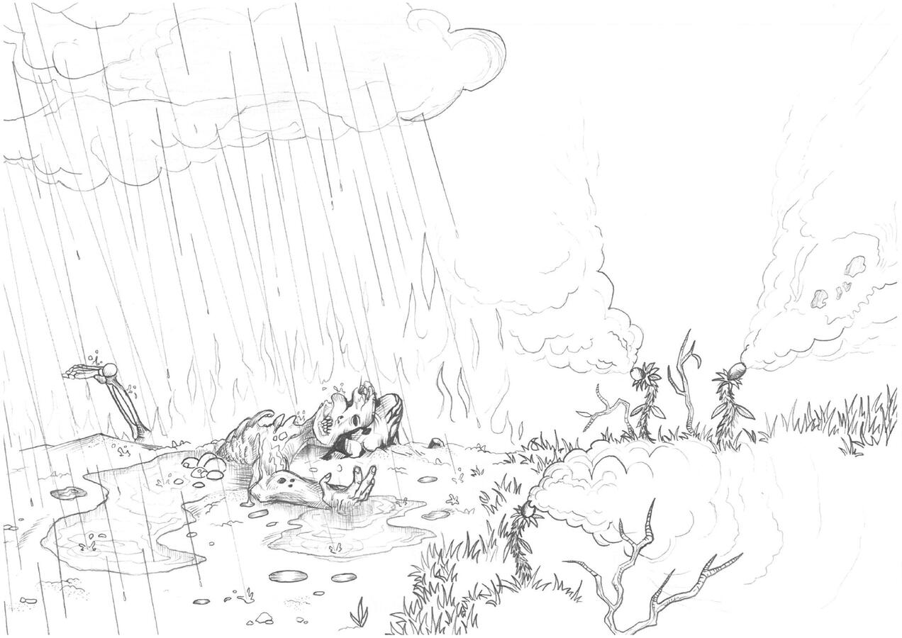 Acid Rain - In the 90s, themes of environmental protection were frequently present in pop culture aimed at children. When I began to draw, some of those ideas about environmental transformation visualized themselves in my mind as images like this.