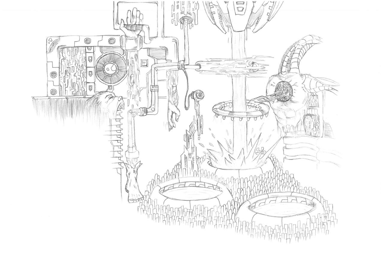 Frankenstein Factory - Instead of being stitched together, the parts of Frankenstein’s monster are connected to an automated factory. The meaning of this image is analyzed in more detail later on this page.