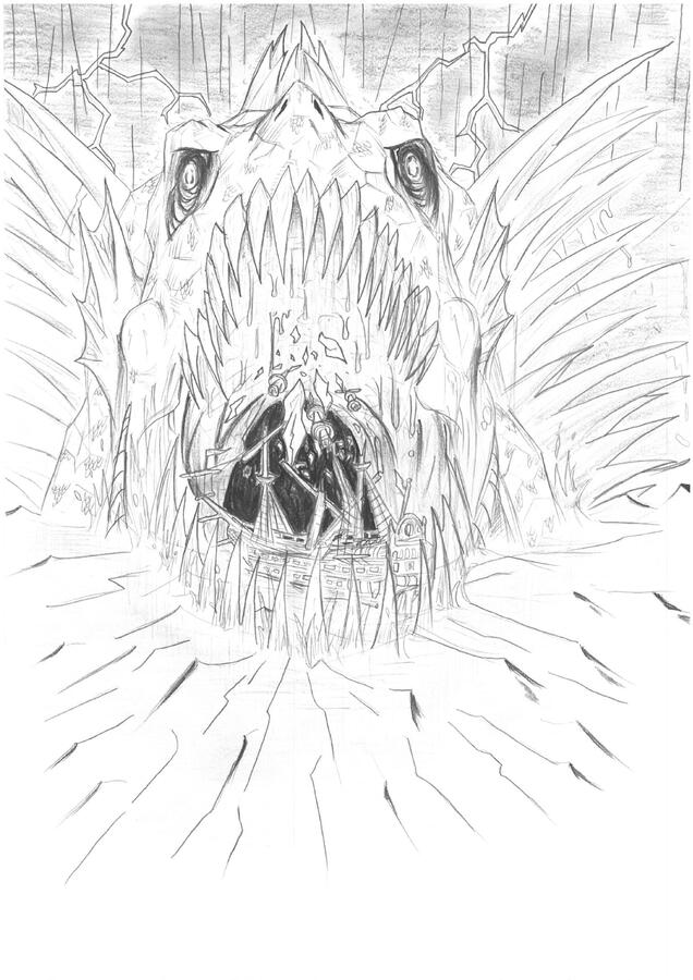 Dagon II - Here the sea monster continues its attack to devour an entire sailing ship – a continuation of Dagon I. The image is a tribute to the maritime archetype of horror fiction.