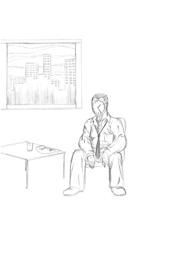 Time - I visualized stress as a man who has taken off his own face and placed it on the table next to painkillers. Beneath the face lies a clock dial that keeps on ticking – time does not stop, even if one tries.